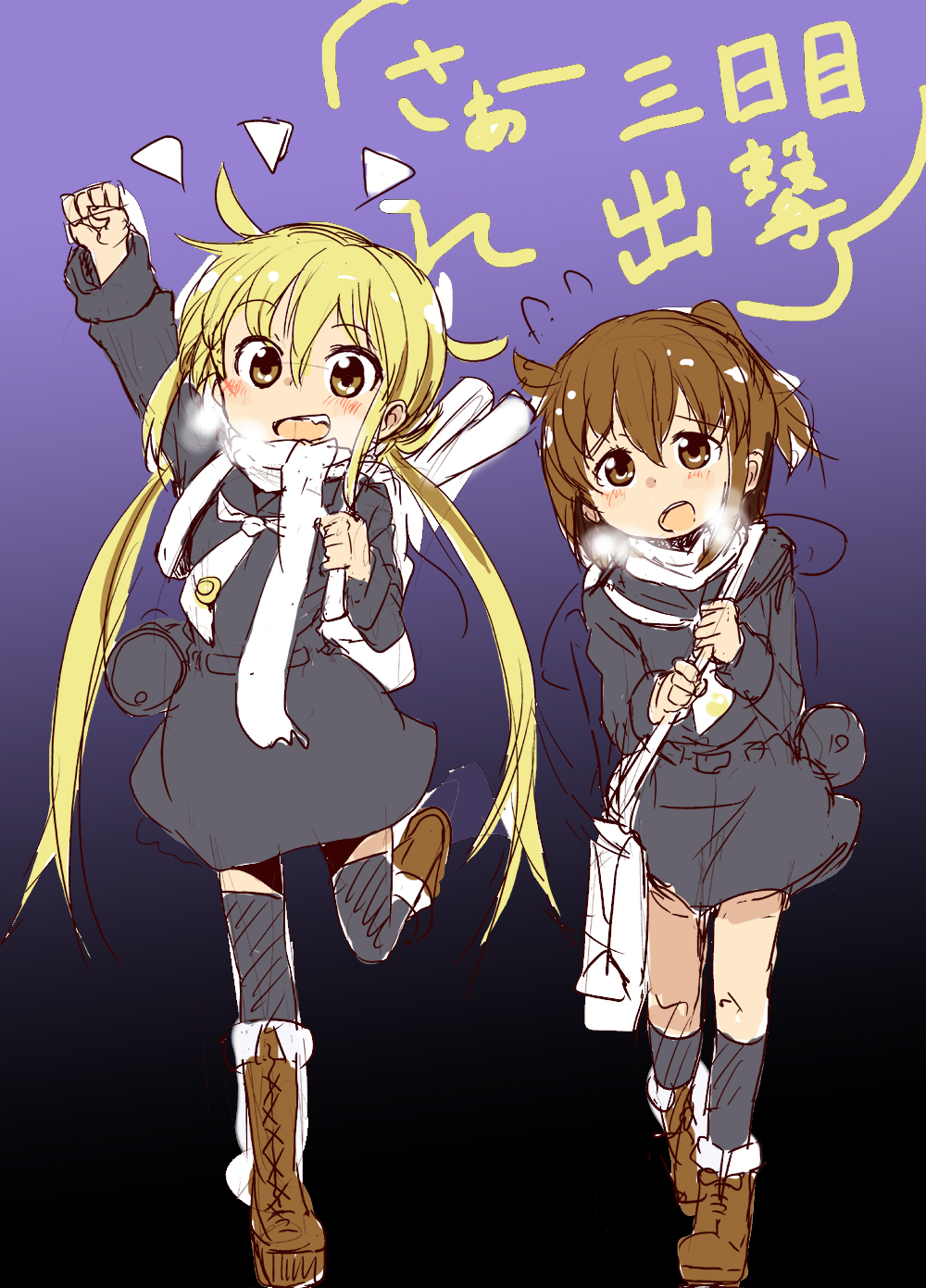 2girls, backpack, bag, black_serafuku, black_skirt, blonde_hair, boots, brown_eyes