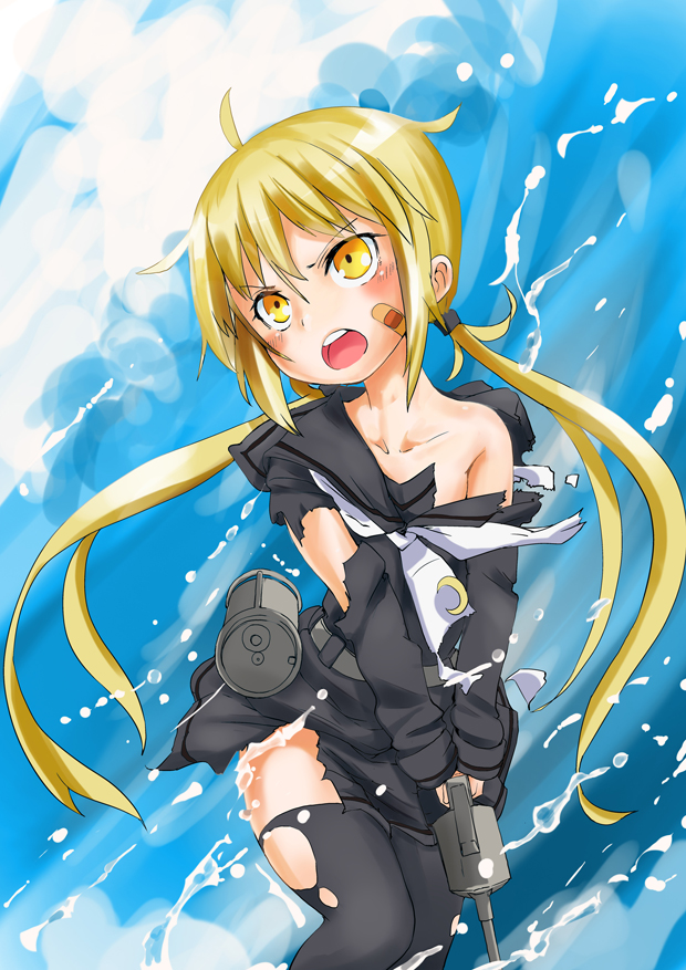 1girl, bandaid, black_serafuku, black_skirt, blonde_hair, cannon, kantai_collection, machinery