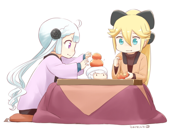 3girls, :t, ahoge, alternate_costume, alternate_form, aqua_hair, black_ribbon, blonde_hair