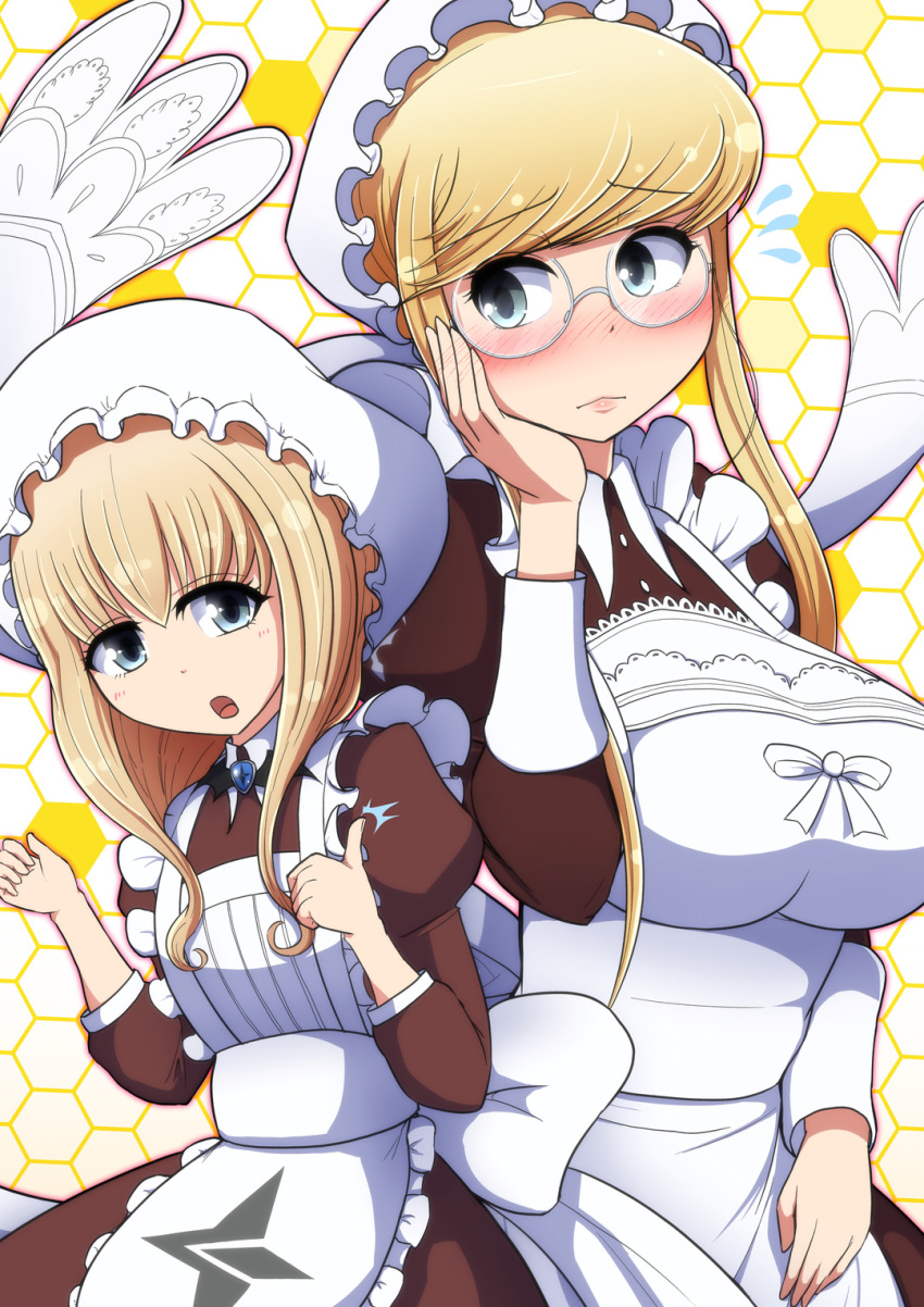 2girls, aoki_hagane_no_arpeggio, blonde_hair, blue_eyes, glasses, hat, highres, long_hair