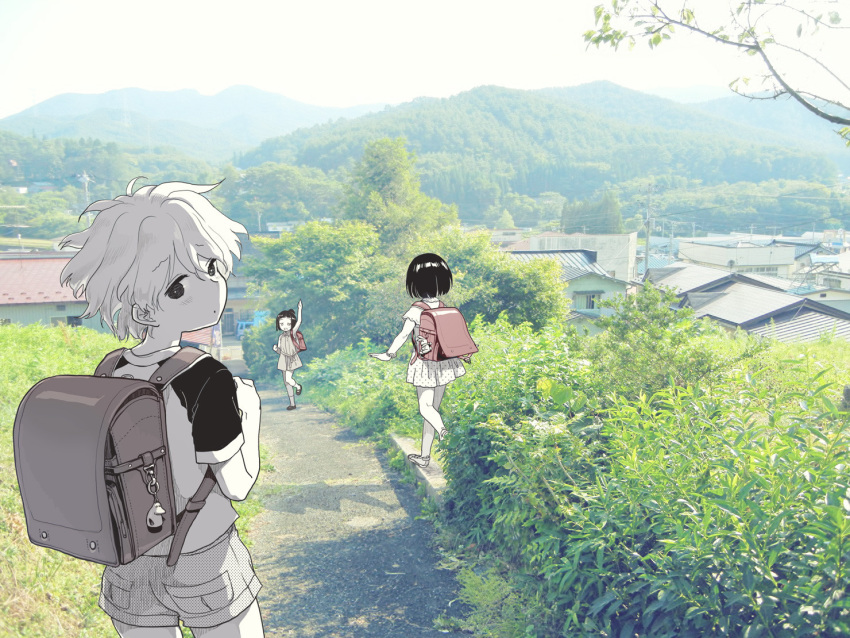 3girls, backpack, bag, bangs, blunt_bangs, bob_cut, child, dress