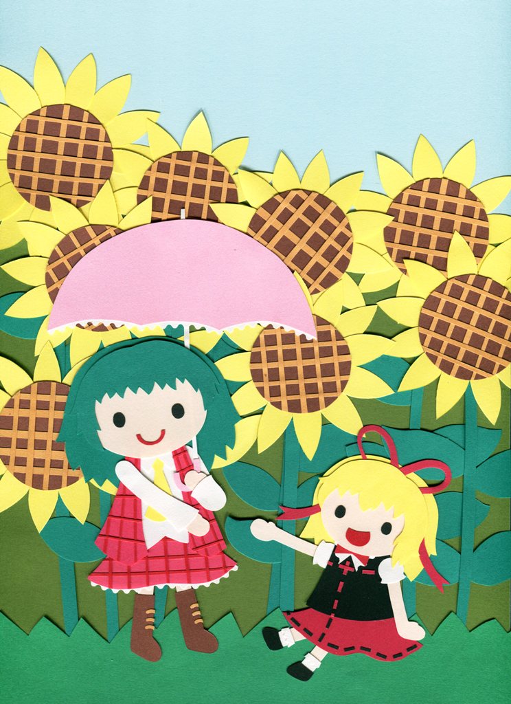 2girls, blonde_hair, boots, field, flower, flower_field, green_hair, hair_ribbon