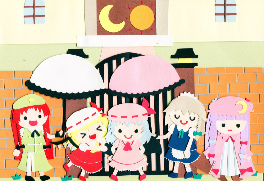 >_<, 5girls, absurdres, bat_wings, blonde_hair, braid, crescent_hair_ornament, fang