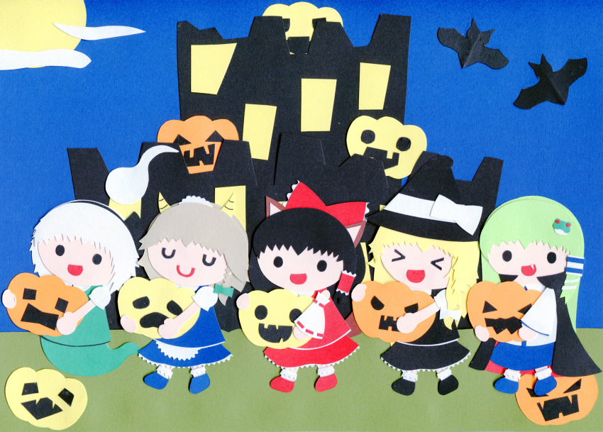>_<, 5girls, absurdres, animal_ears, bat, bow, cape, detached_sleeves