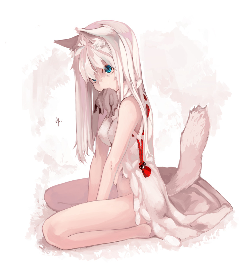 1girl, animal_ears, bent_knees, blue_eyes, bottomless, breasts, food, fox_ears