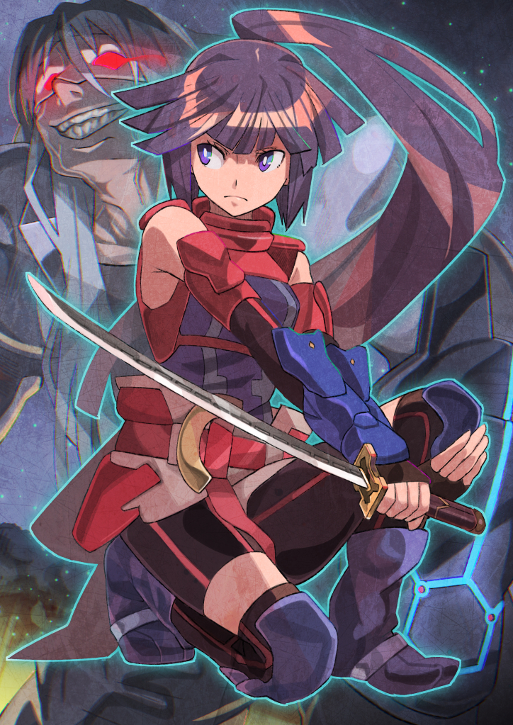 1boy, 1girl, akatsuki_(log_horizon), armor, bare_shoulders, detached_sleeves, enheart_nelreth, evil_grin, evil_smile, fingerless_gloves, frown, gauntlets, gloves, glowing, glowing_eyes, grin, katana, log_horizon, long_hair, mask, naro0427, one_knee, ponytail, projected_inset, purple_hair, red_eyes, reverse_grip, shiny, shiny_hair, shorts, silver_hair, smile, sword, veins, violet_eyes, weapon