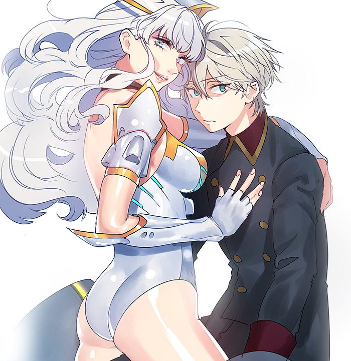 1boy, 1girl, aldnoah.zero, ass, bare_shoulders, blue_eyes, elbow_gloves, gloves, kurumiya_hato, long_hair, military, military_uniform, personification, short_hair, silver_hair, slaine_troyard, smile, tharsis, uniform, white_hair
