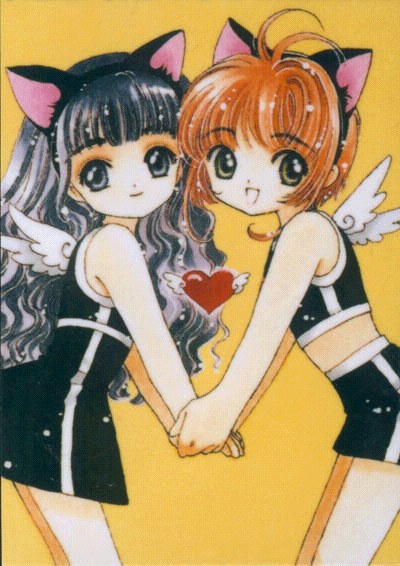 black_hair, brown_hair, card_captor_sakura, cardcaptor_sakura, ccs, clamp, daidouji_tomoyo, dress, flat_chest, green_eyes, grey_eyes, kinomoto_sakura, loli, long_hair, manga, nekomimi, short_hair, shorts, wings
