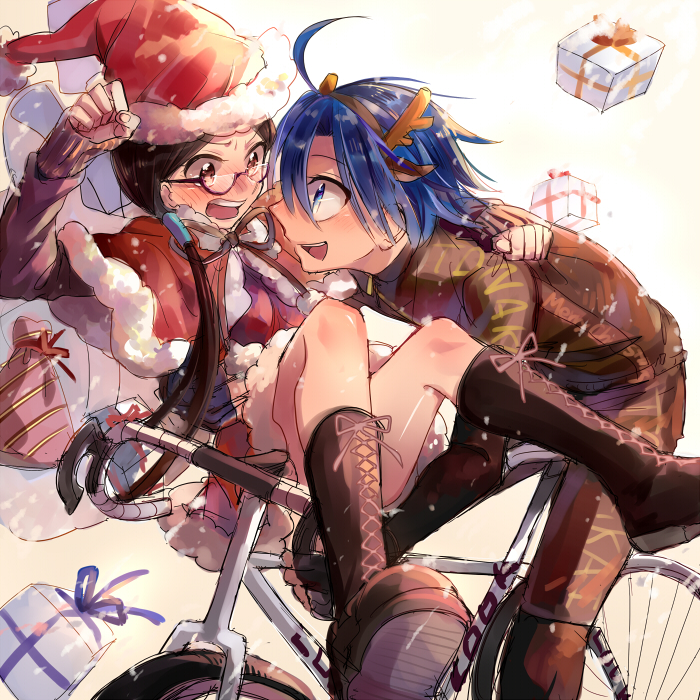 1boy, 1girl, akizuki_buranko, antlers, bicycle, black_hair, blue_hair, blush