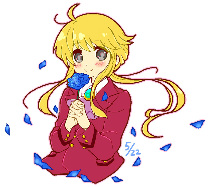 1boy, blonde_hair, blue_rose, cravat, dated, flower, grey_eyes, interlocked_fingers