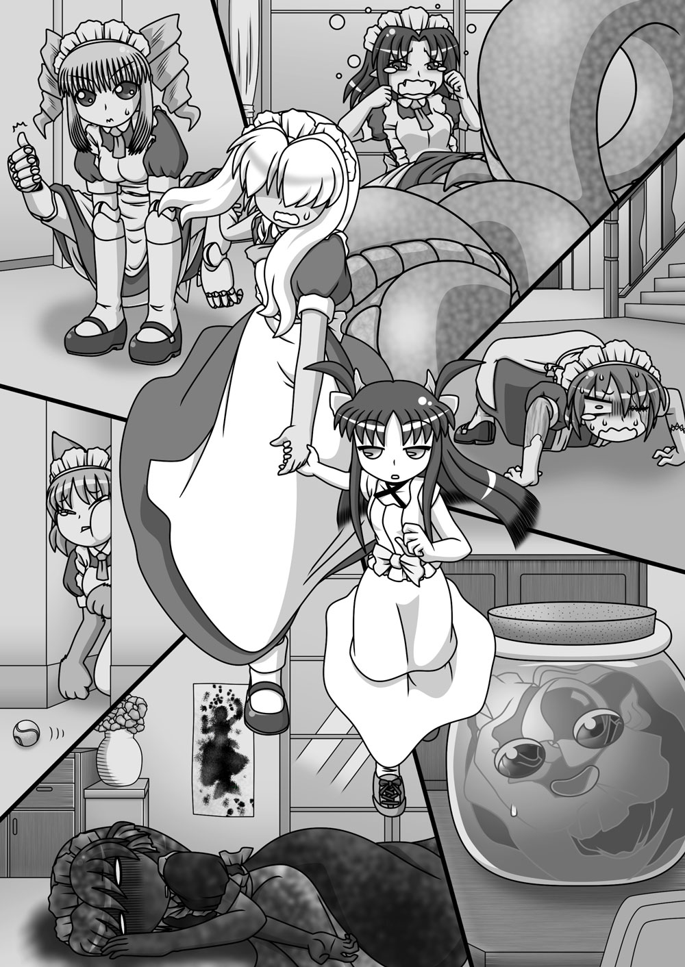 6+girls, animal_ears, apron, ball, cat_ears, comic, cuey_c_lops, dress