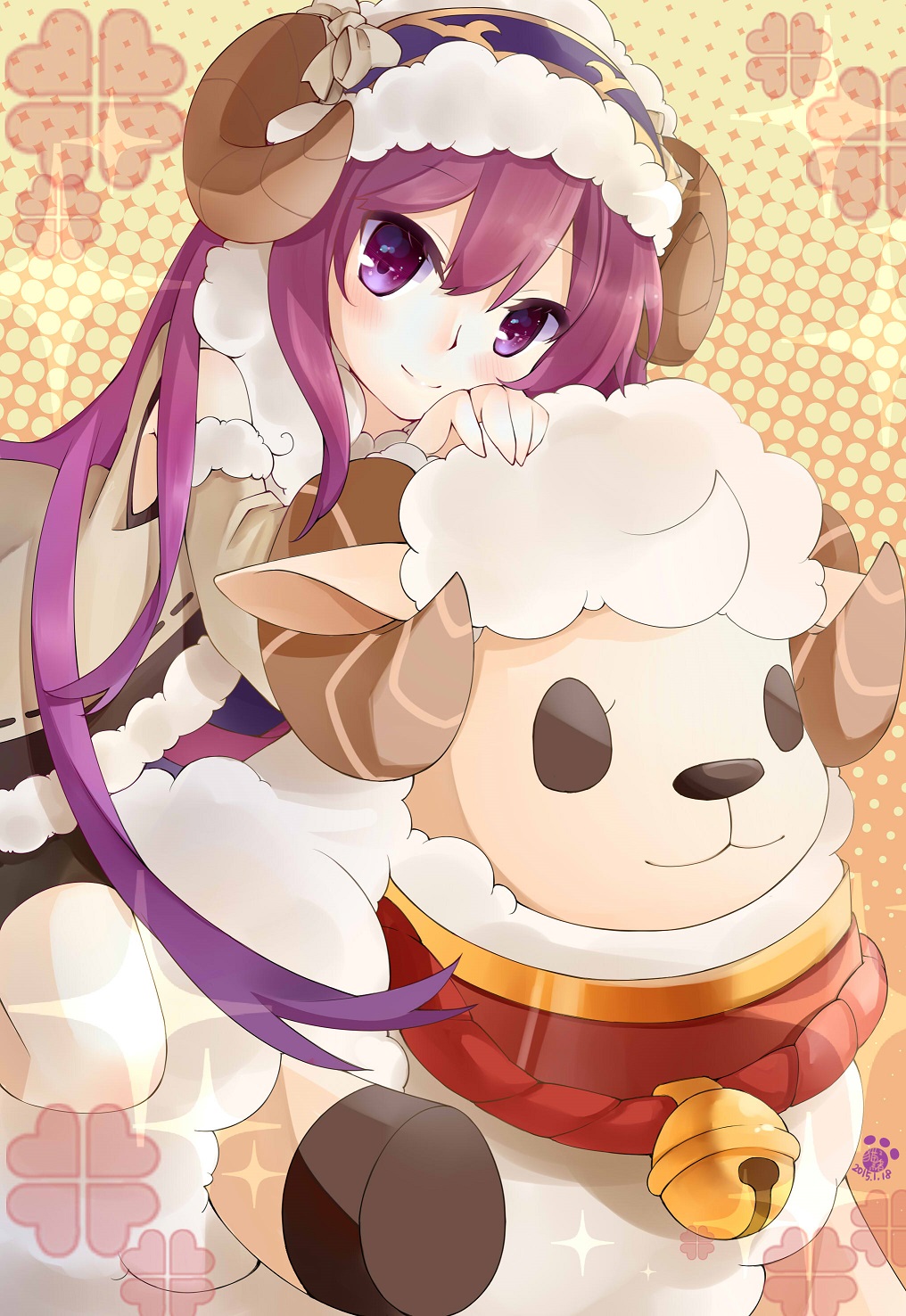 1girl, bell, character_request, hat, highres, hinata8281, horns, long_hair