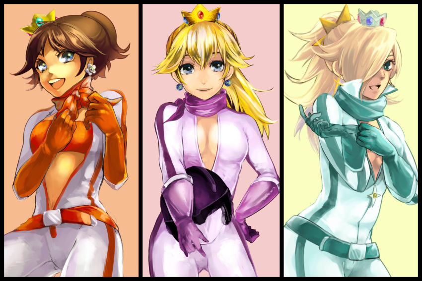 3girls, :d, belt, bikesuit, blonde_hair, blue_eyes, breakblack, breasts