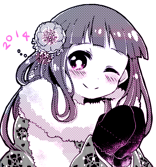 1girl, 2014, ;), blush, flower, furude_rika, hair_flower, hair_ornament, higurashi_no_naku_koro_ni, japanese_clothes, kimono, kusunoki_kotori, mittens, monochrome, one_eye_closed, scarf, smile, spot_color