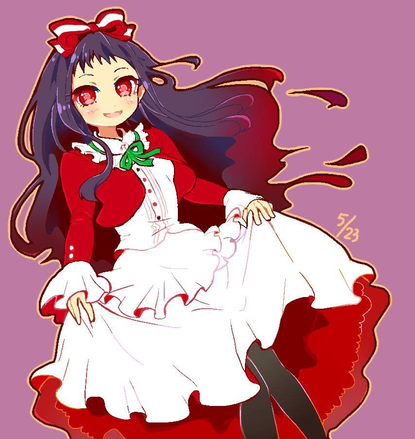 1girl, black_hair, black_legwear, bow, dated, dress, hair_bow, higanbana_(higanbana_no_saku_yoru_ni)