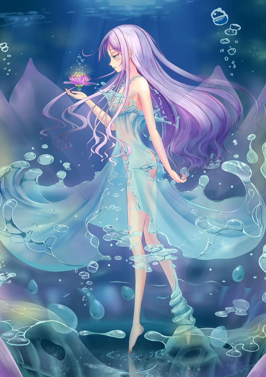 1girl, air_bubble, aqua_eyes, dress, flower, from_side, highres, huanghyy