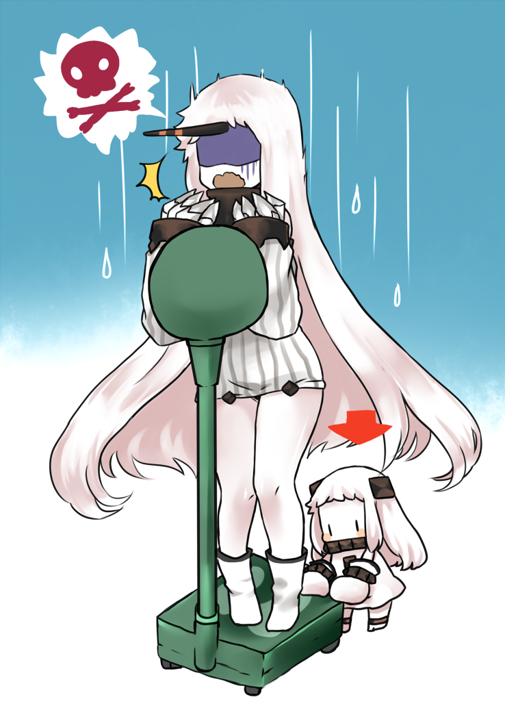 2girls, ahoge, claws, detached_sleeves, directional_arrow, dress, horn, horns, kantai_collection, kobone, long_hair, mittens, multiple_girls, northern_ocean_hime, open_mouth, seaport_hime, shinkaisei-kan, surprised, weighing_scale, weight_conscious, white_dress, white_hair, white_skin