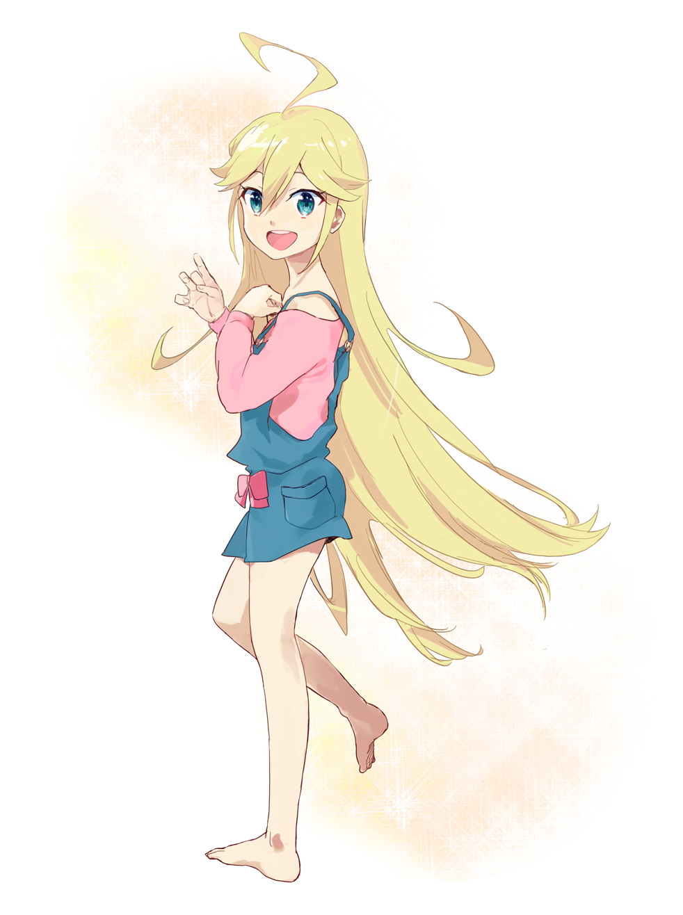 1girl, :d, ahoge, barefoot, blonde_hair, blue_eyes, highres, leopard_(yatterman)