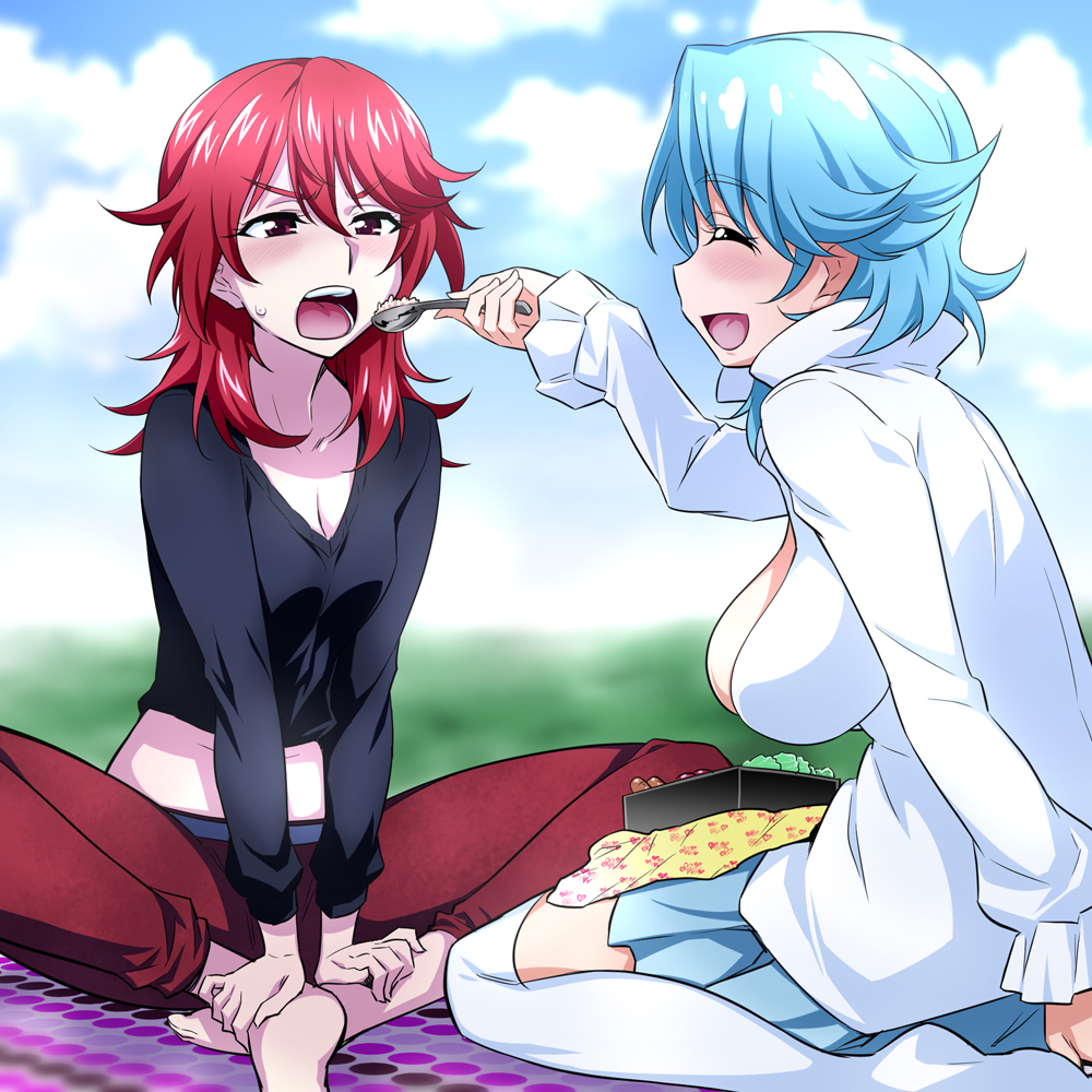2girls, barefoot, blue_(happinesscharge_precure!), blue_hair, blue_skirt, blush, breasts, cleavage