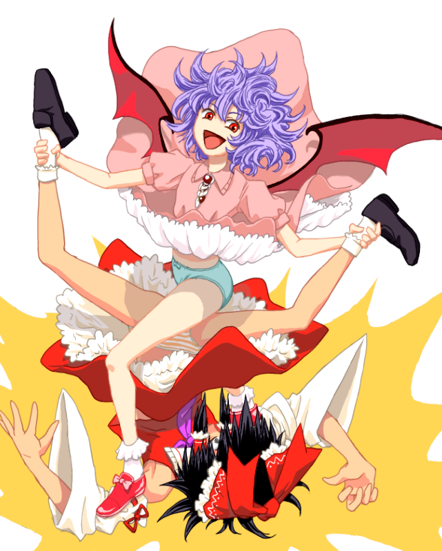 2girls, black_hair, blue_hair, boots, multiple_girls, open_mouth, panties, red_eyes