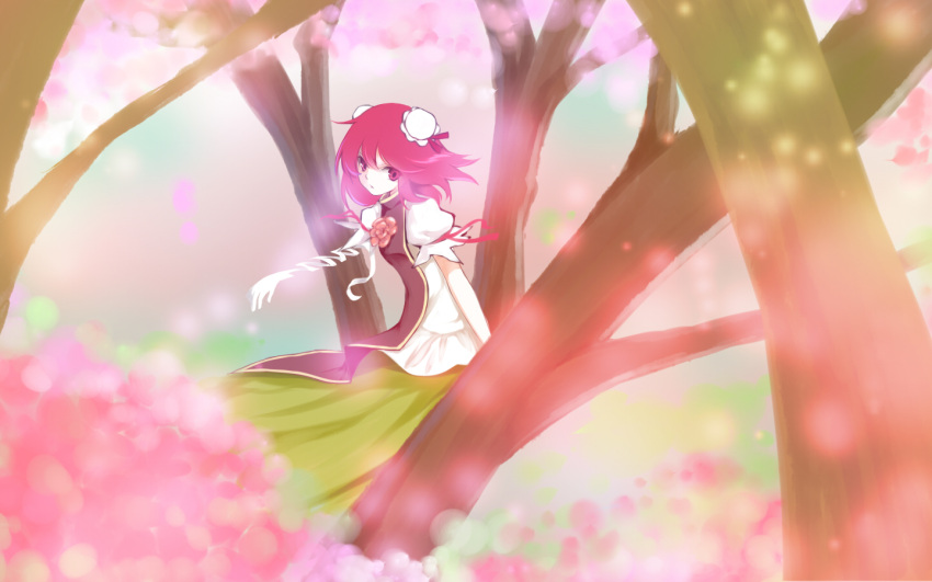 1girl, bandages, breasts, bun_cover, cherry_blossoms, chinese_clothes, double_bun, flower, ibaraki_kasen, no_arm, pink_eyes, pink_hair, rose, shierutei, short_hair, solo, tabard, touhou, tree