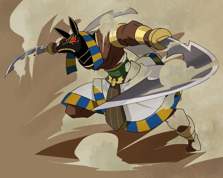 1boy, brown_background, dark_skin, dual_wielding, dust_cloud, egyptian_clothes, glowing, glowing_eyes, kansuke_(bubuduke), mask, red_eyes, salaam_(sennen_sensou_aigis), sennen_sensou_aigis, sword, weapon