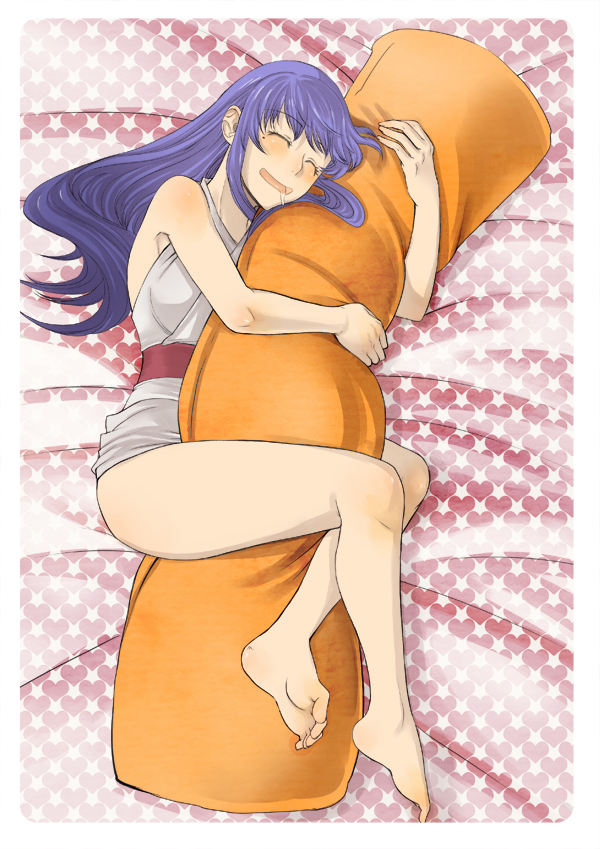 barefoot, blue_hair, feet, gintama, hanzou_kuro, hug, kazuki_kisuke, long_hair, mole, pillow, pillow_hug, saliva, sarutobi_ayame, sleeping, solo
