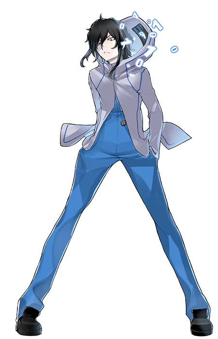1boy, black_hair, black_shoes, blue_jumpsuit, digimon, digimon_story:_cyber_sleuth, grey_jacket, hands_in_pockets