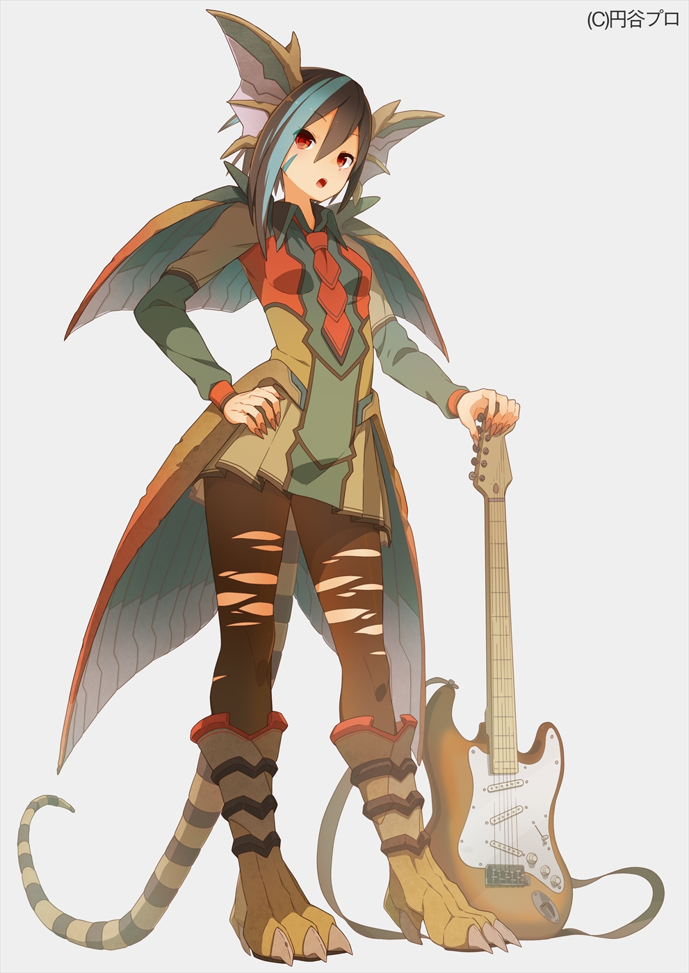 1girl, black_hair, black_legwear, blue_hair, contrapposto, electric_guitar, female, fingernails, full_body, grey_background, guitar, hand_on_hip, highres, instrument, long_fingernails, looking_at_viewer, multicolored_hair, noiseler, open_mouth, pantyhose, personification, red_eyes, simple_background, solo, standing, tail, tomioka_jirou, torn_clothes, torn_pantyhose, two-tone_hair, ultra_kaijuu_gijinka_keikaku, ultra_series