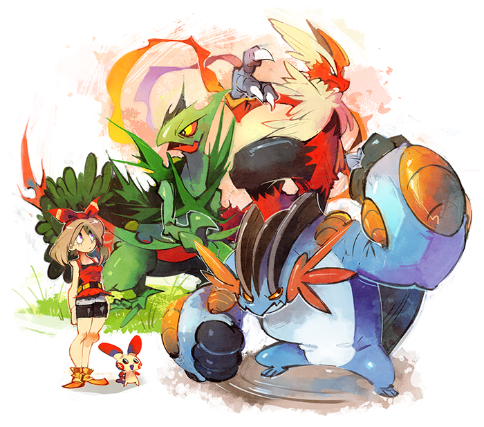 1girl, bike_shorts, blaziken, brown_hair, hair_ribbon, haruka_(pokemon), haruka_(pokemon)_(remake), mega_blaziken