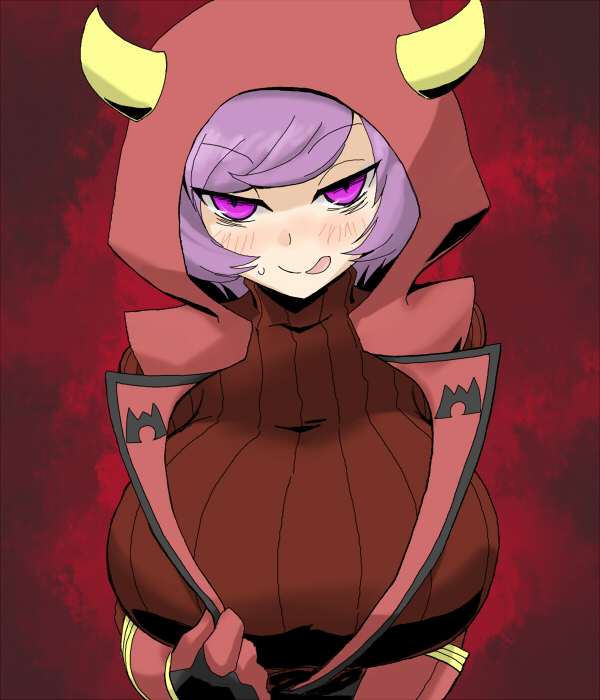 1girl, :q, blush, breasts, bust, fake_horns, flipped_hair, gloves