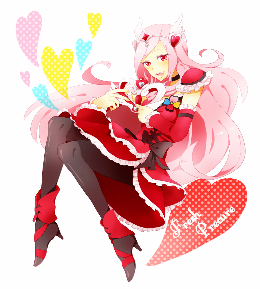 1girl, :d, arm_warmers, black_legwear, choker, cure_passion, dress, fresh_precure!, frilled_dress, frilled_sleeves, frills, hair_ornament, head_wings, heart, heart_hair_ornament, higashi_setsuna, high_heels, long_hair, magical_girl, open_mouth, pantyhose, passion_harp, pink_hair, precure, red_eyes, ribbon, simple_background, smile, solo, text, tiara, white_background