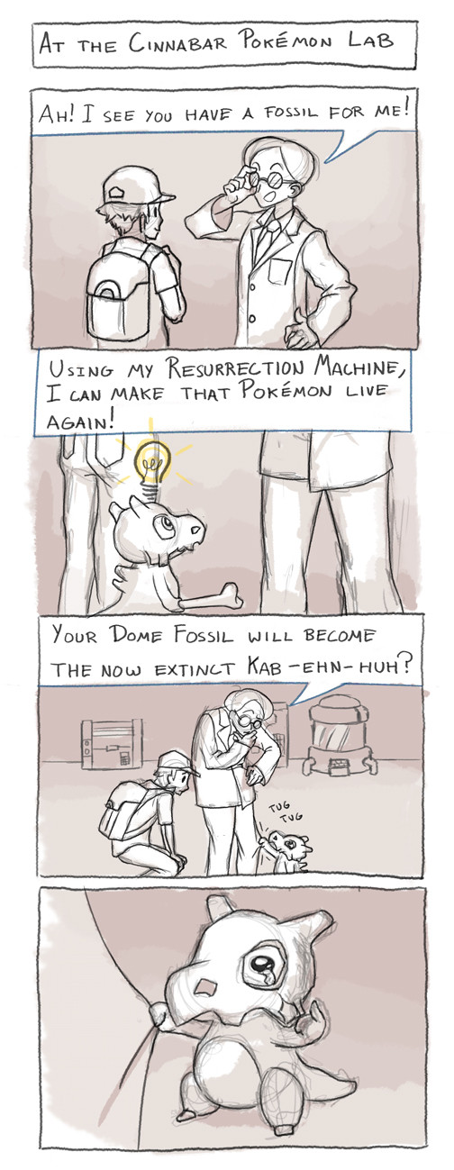 4koma, comic, cubone, english, highres, inanimate_dan, pokemon, pokemon_(creature), red_(pokemon), scientist, scientist_(pokemon)