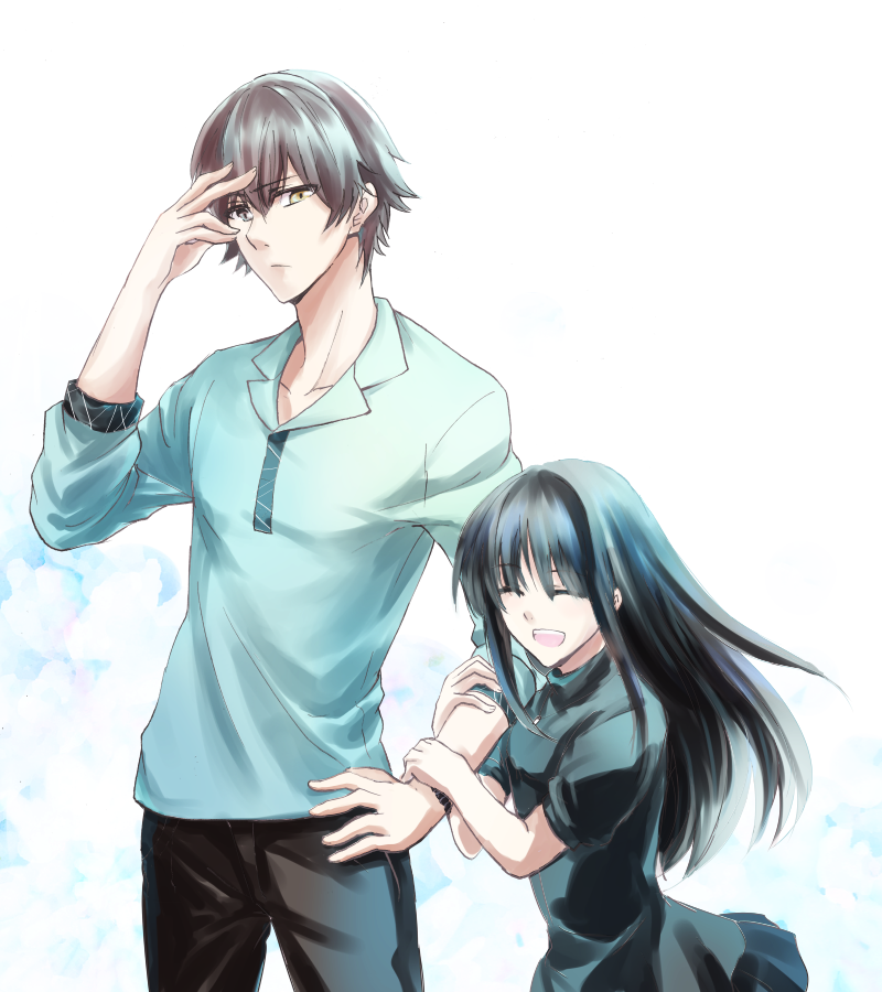 1boy, 1girl, arm_hug, black_hair, blue_eyes, brown_hair, enisi_sakura, kamekura_mitsuru