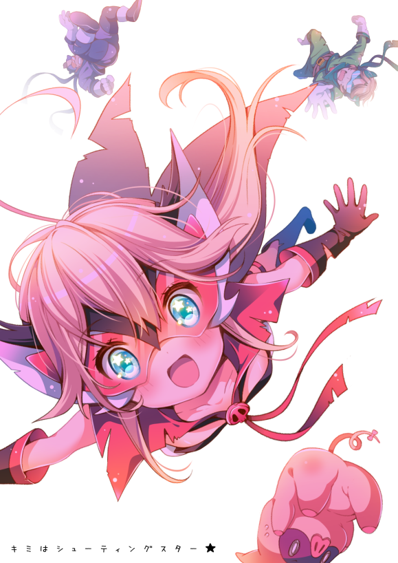 1girl, 2boys, :d, ahoge, aqua_eyes, blonde_hair, boyakki, brown_hair