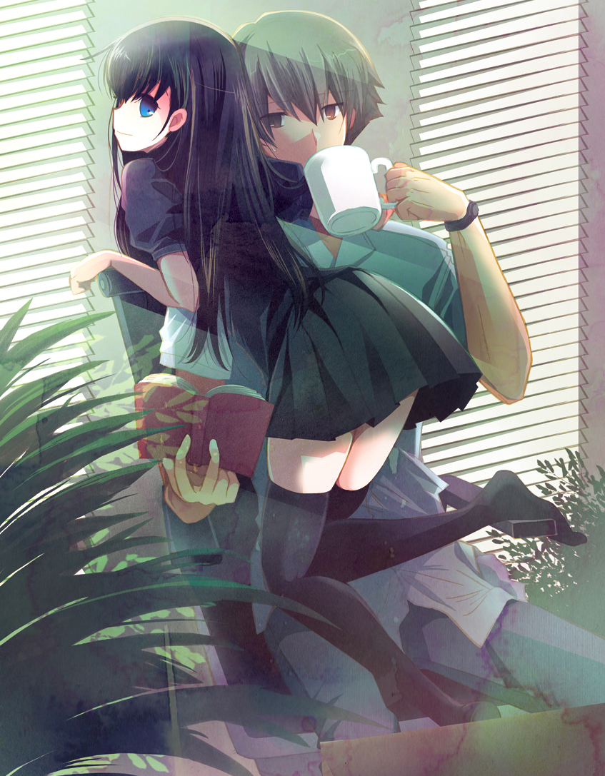 1boy, 1girl, black_hair, blue_eyes, book, brown_hair, cup, grey_hair