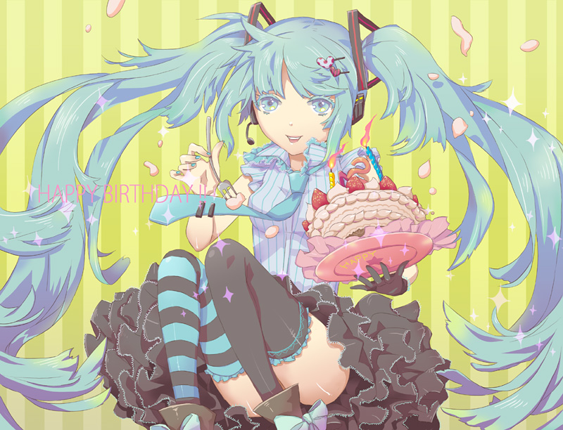 aqua_eyes, aqua_hair, bad_id, birthday, cake, food, gurumo, hair_ornament, hairclip, hatsune_miku, headphones, headset, long_hair, mismatched_legwear, necktie, pastry, single_glove, skirt, smile, solo, striped, striped_legwear, striped_thighhighs, thigh-highs, thighhighs, twintails, very_long_hair, vocaloid, zettai_ryouiki