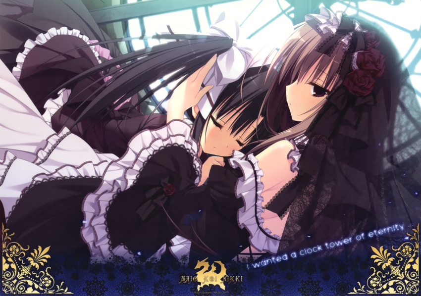 2girls, absurdres, asakura_hayate, black_hair, character_request, closed_eyes, dress, dutch_angle