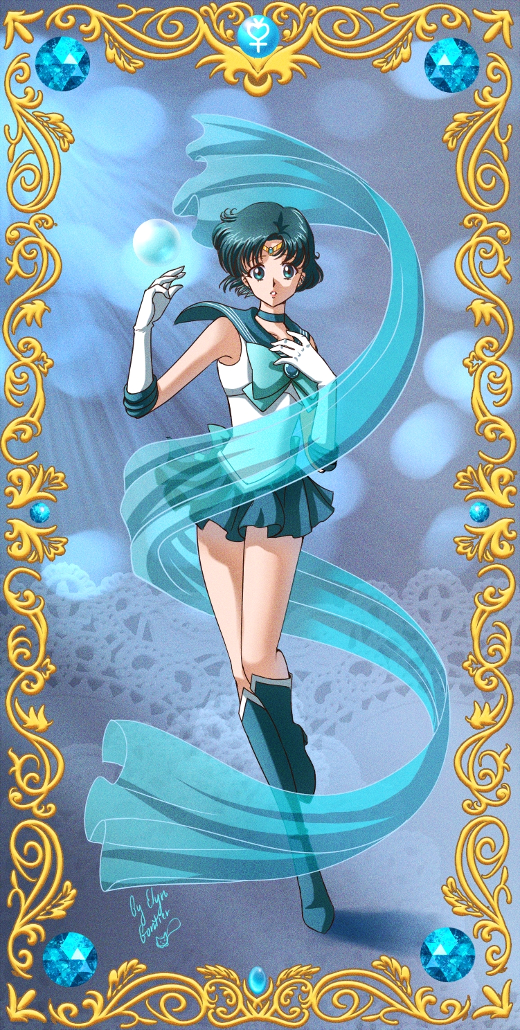 bishoujo_senshi_sailor_moon, blue_eyes, blue_hair, blush, boots, choker, gloves, mizumo_ami, sailor_mercury, seifuku, short_hair
