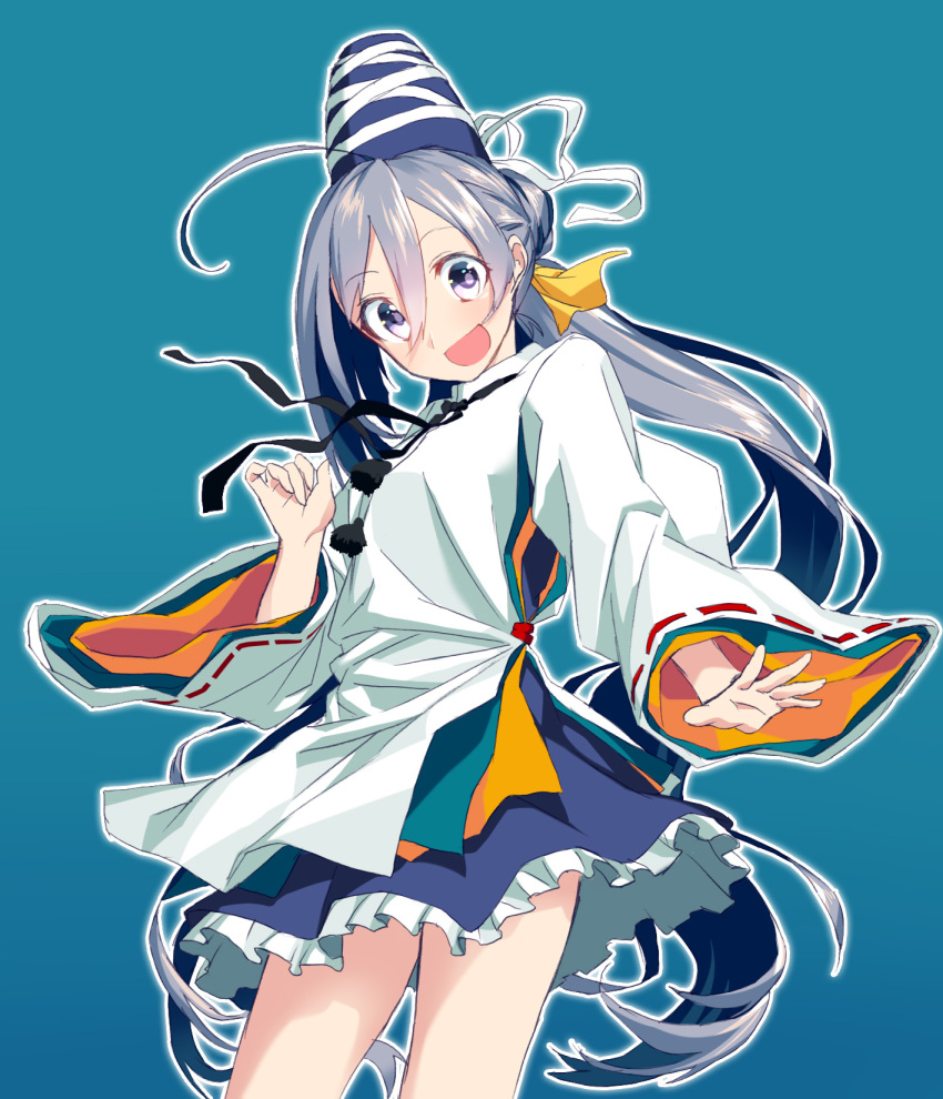 1girl, ahoge, blew_andwhite, blue_background, cowboy_shot, grey_eyes, grey_hair, hat