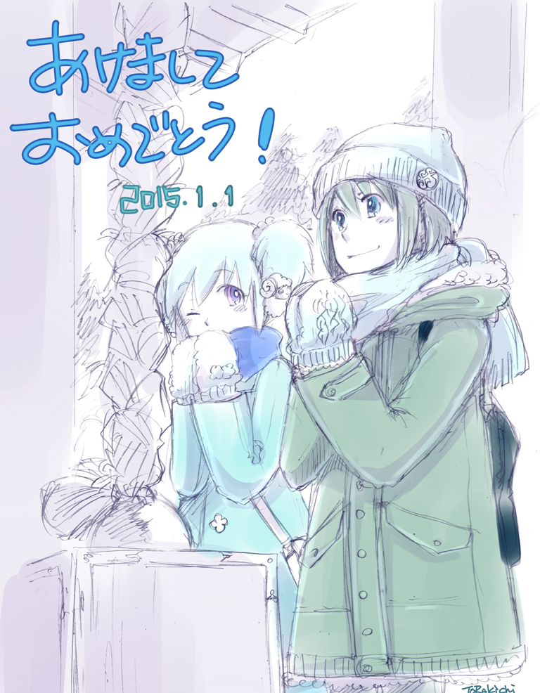 2girls, beanie, box, coat, donation_box, gloves, hands_together, hat