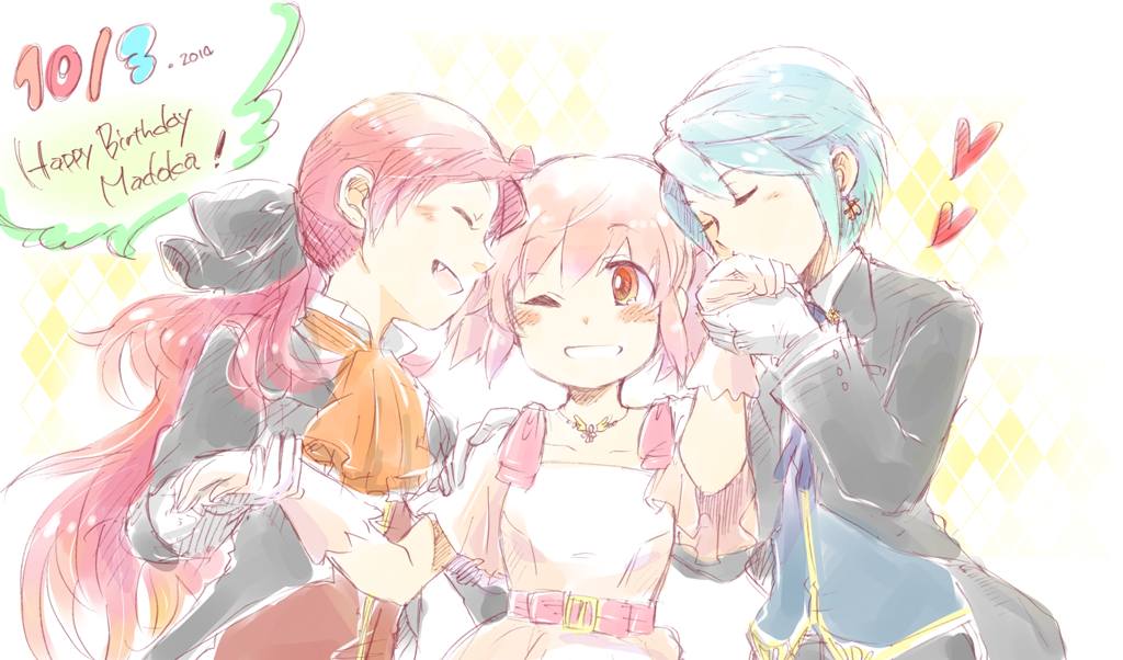 3girls, blue_hair, bow, butler, dress, earrings, fang, formal, gloves, hair_bow, hand_kiss, heart, jewelry, kaname_madoka, kiss, mahou_shoujo_madoka_magica, miki_sayaka, multiple_girls, necklace, one_eye_closed, pink_eyes, pink_hair, ponytail, redhead, ribbon, sakura_kyouko, short_hair, short_twintails, suit, torakichi37, twintails