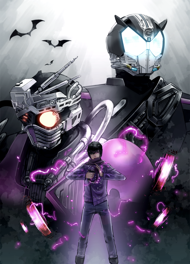 1boy, armor, bat, black_hair, boots, cable, chase_(kamen_rider_drive), compound_eyes