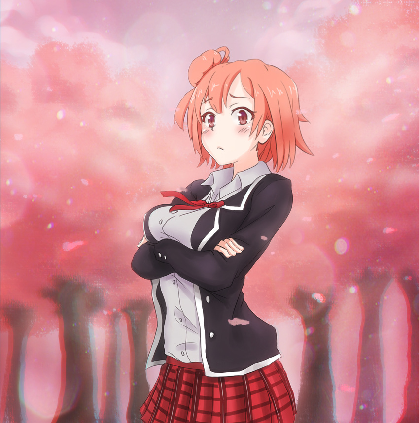 1girl, brown_eyes, crossed_arms, hair_bun, highres, mascot_(4chan), pink_hair, school_uniform