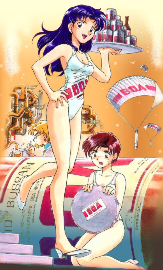 3girls, akagi_ritsuko, alcohol, beer, bottle, brown_eyes, brown_hair, e-senmio