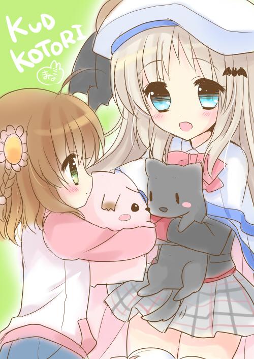 belka, blue_eyes, brown_hair, cape, chibimosu, crossover, green_eyes, kanbe_kotori