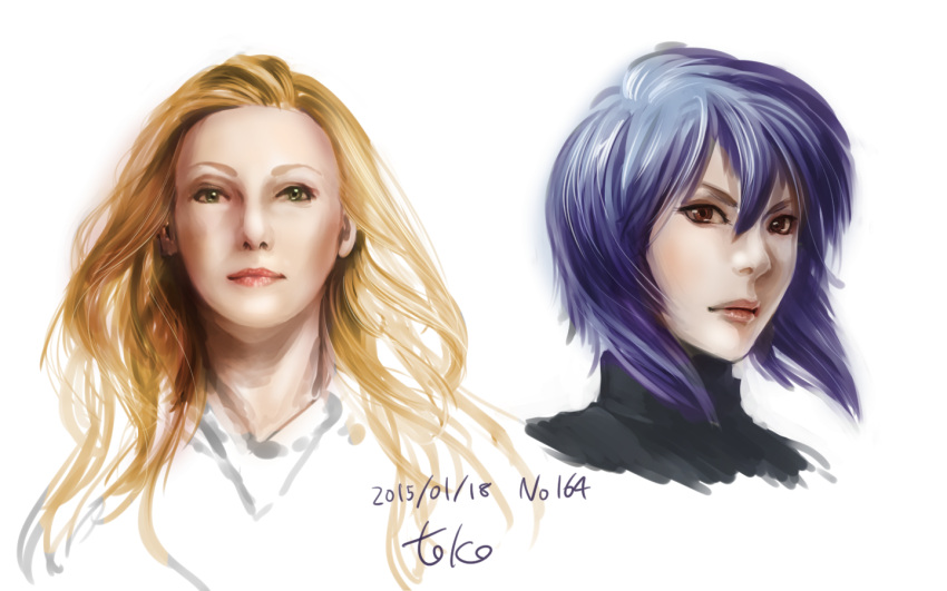 2girls, ghost_in_the_shell, kusanagi_motoko, long_hair, multiple_girls, origa, portrait, purple_hair