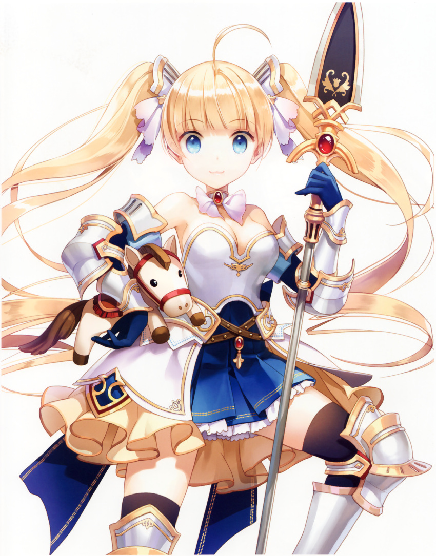 1girl, :3, absurdres, ahoge, black_legwear, blonde_hair, blue_eyes, breasts