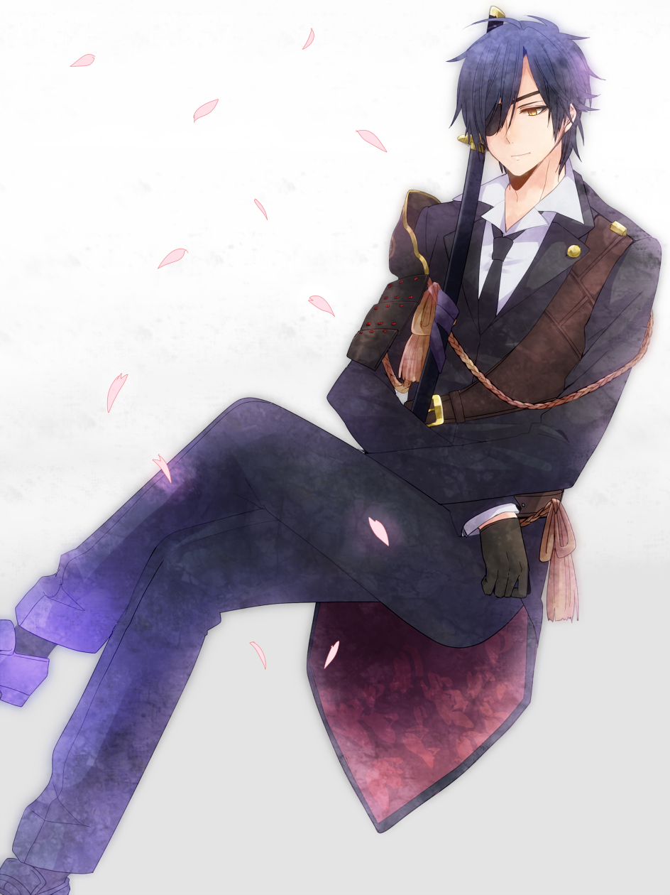 1boy, black_hair, eyepatch, gloves, highres, monchi_(too00ri), necktie, shokudaikiri_mitsutada_(touken_ranbu), shoulder_pads, smile, sword, touken_ranbu, uniform, weapon, yellow_eyes