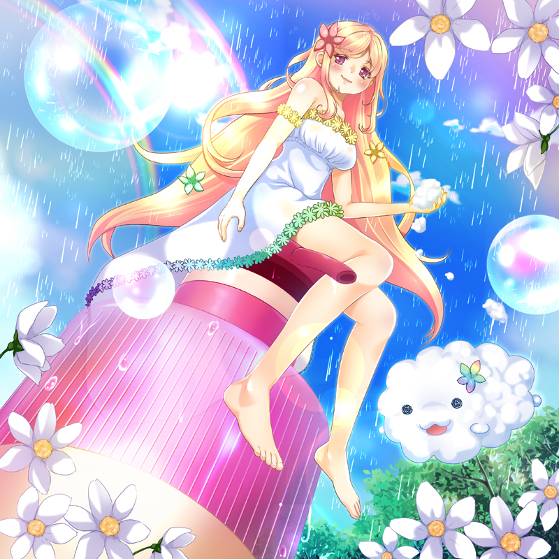 1girl, bare_shoulders, barefoot, blonde_hair, bubble, clouds, dress, flower